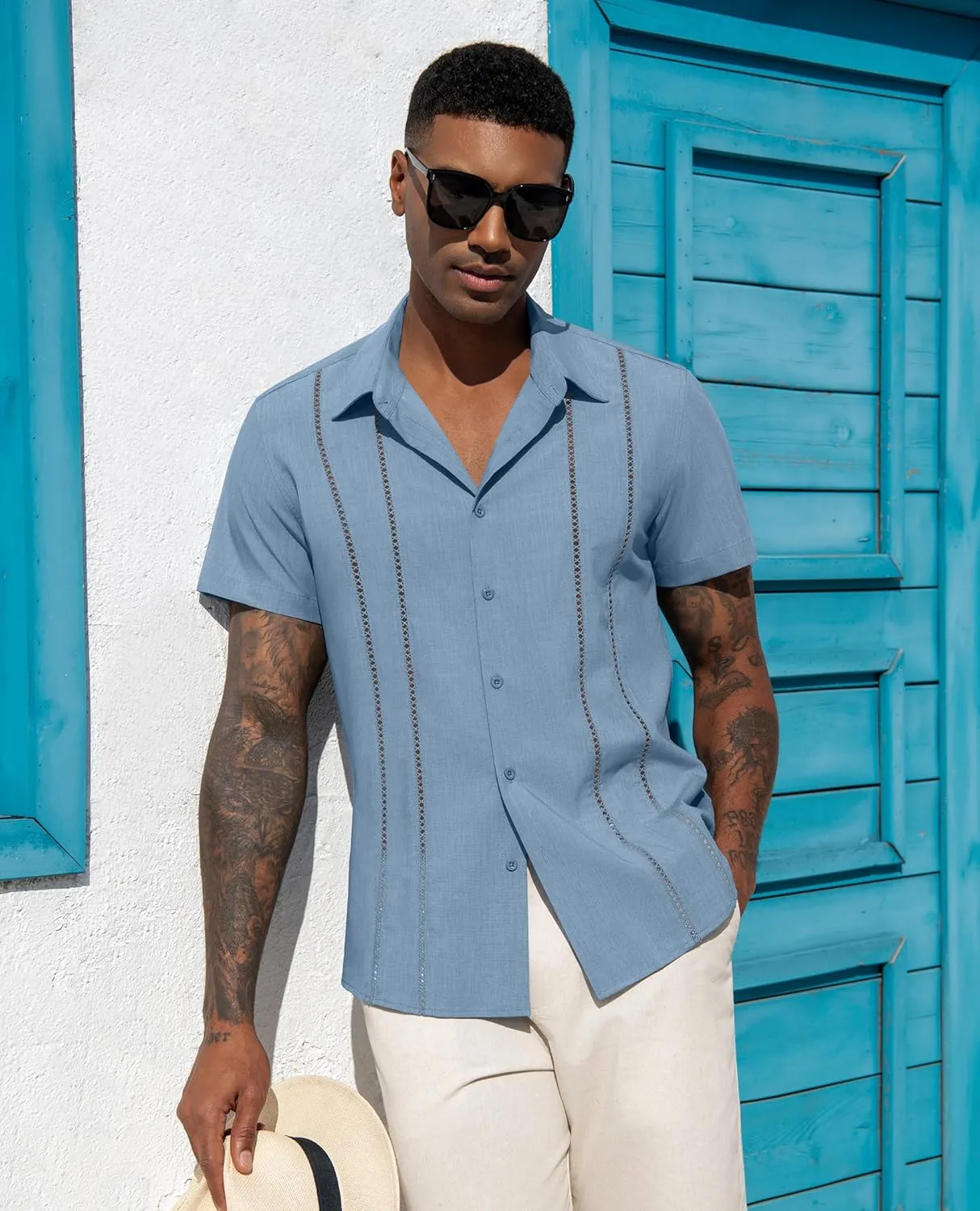 DEMEANOR Guayabera Linen Shirts for Men Short Sleeve Button Down Shirts Summer Beach Linen Shirts Casual Hawaii Vacation