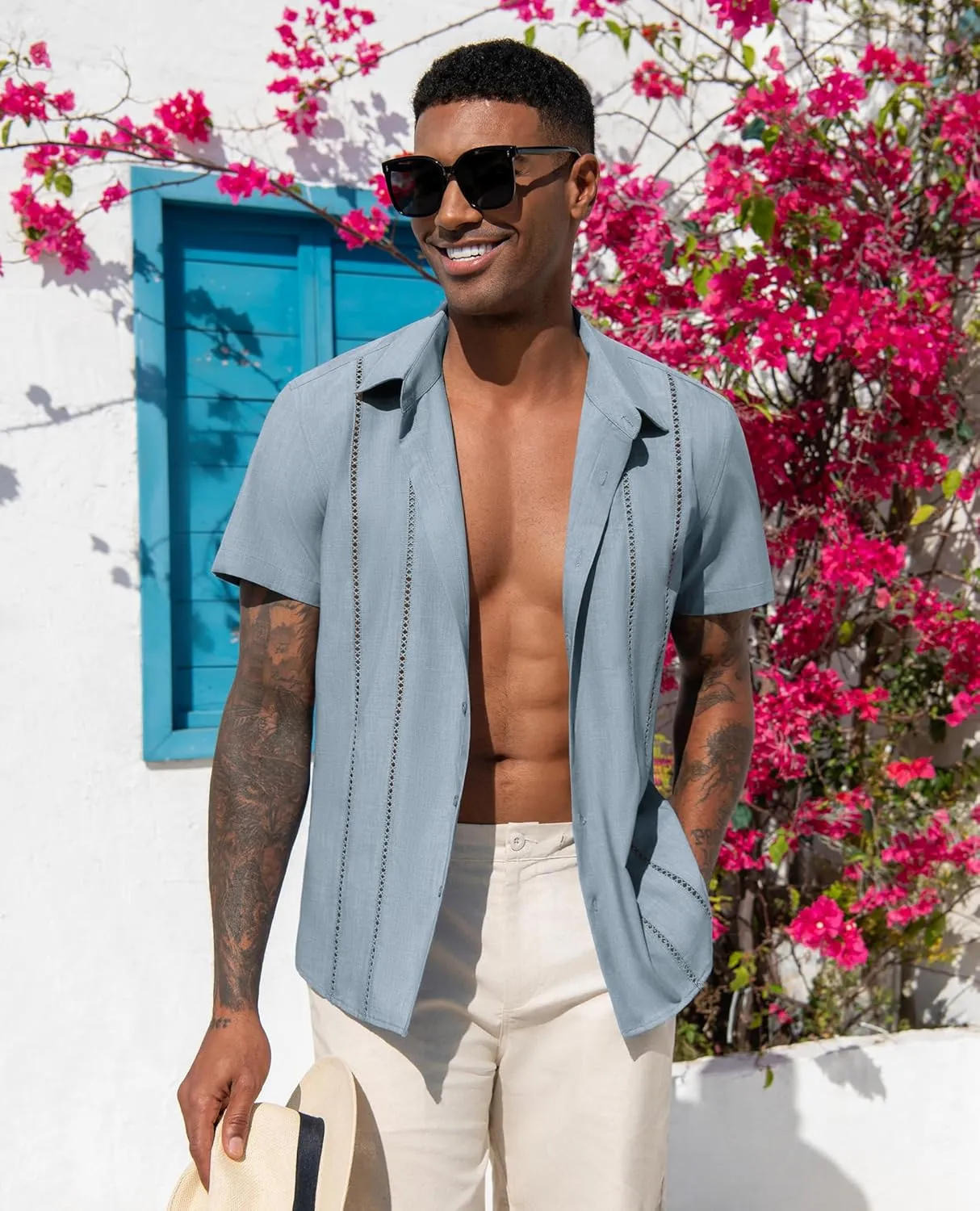 DEMEANOR Guayabera Linen Shirts for Men Short Sleeve Button Down Shirts Summer Beach Linen Shirts Casual Hawaii Vacation