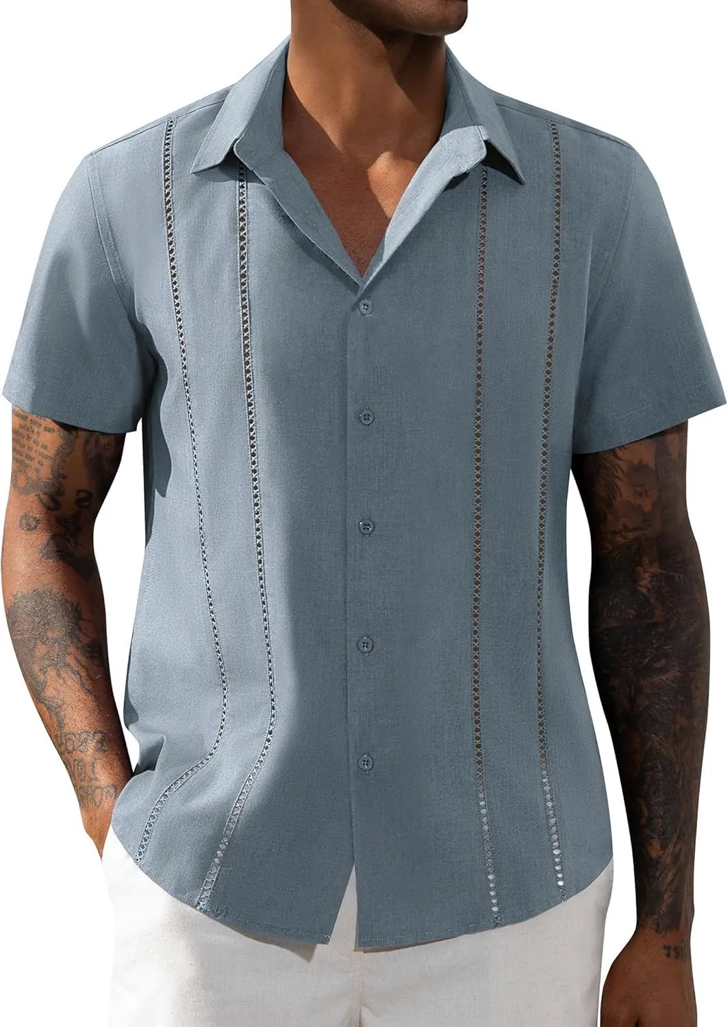 DEMEANOR Guayabera Linen Shirts for Men Short Sleeve Button Down Shirts Summer Beach Linen Shirts Casual Hawaii Vacation