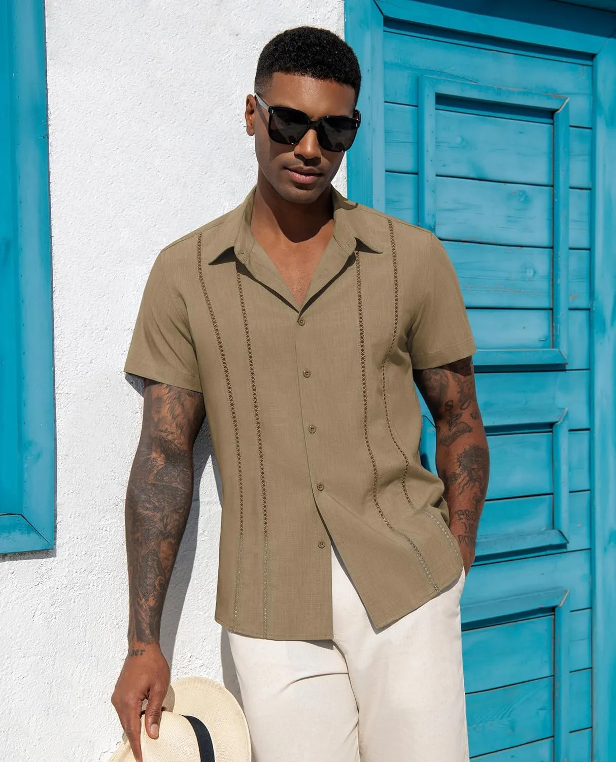 DEMEANOR Guayabera Linen Shirts for Men Short Sleeve Button Down Shirts Summer Beach Linen Shirts Casual Hawaii Vacation