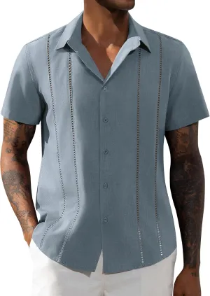 DEMEANOR Guayabera Linen Shirts for Men Short Sleeve Button Down Shirts Summer Beach Linen Shirts Casual Hawaii Vacation