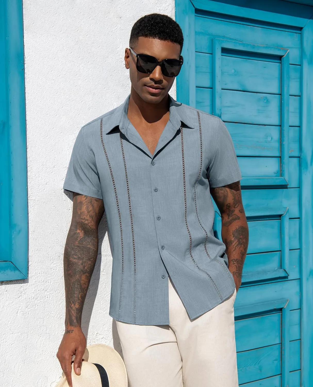 DEMEANOR Guayabera Linen Shirts for Men Short Sleeve Button Down Shirts Summer Beach Linen Shirts Casual Hawaii Vacation