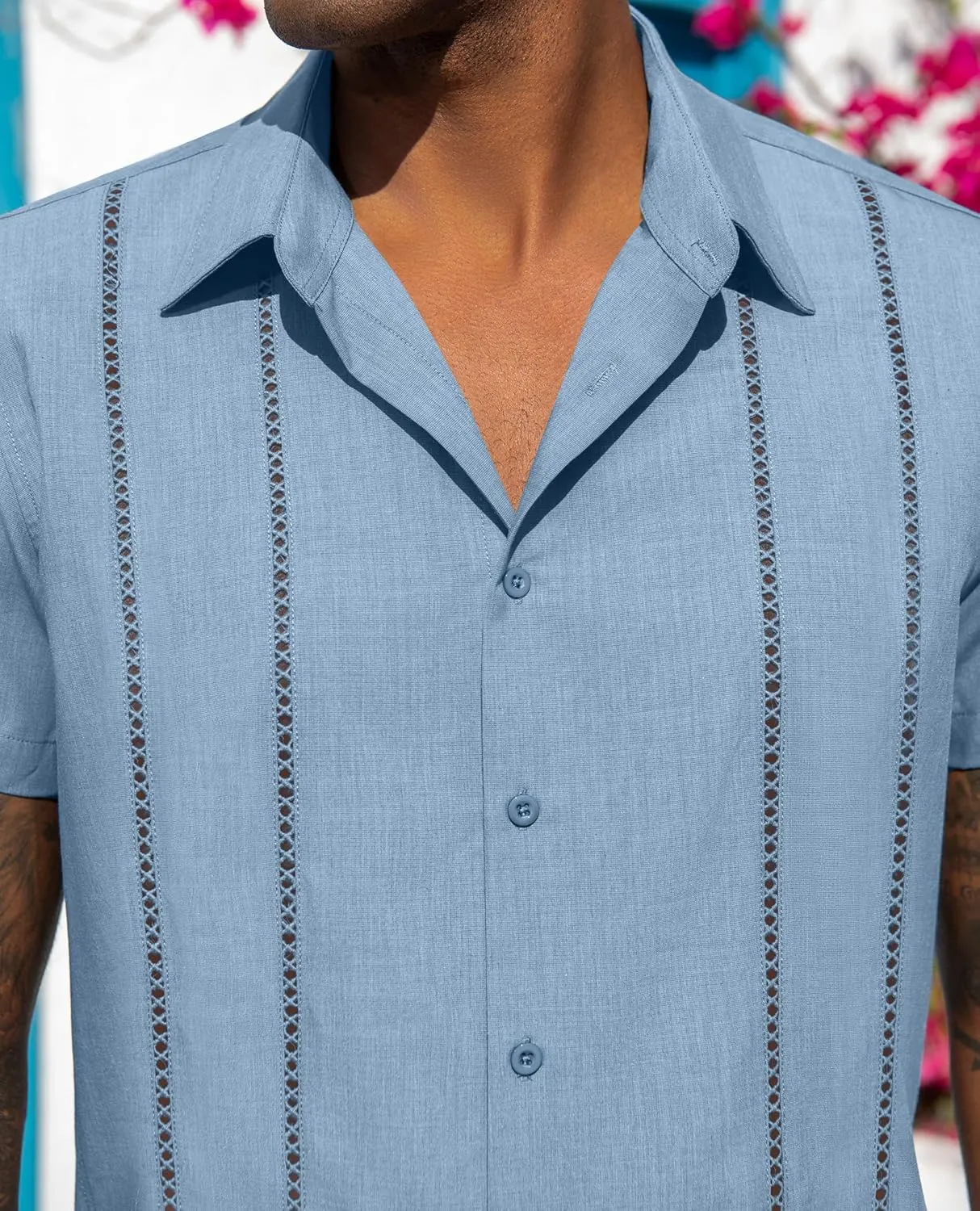 DEMEANOR Guayabera Linen Shirts for Men Short Sleeve Button Down Shirts Summer Beach Linen Shirts Casual Hawaii Vacation