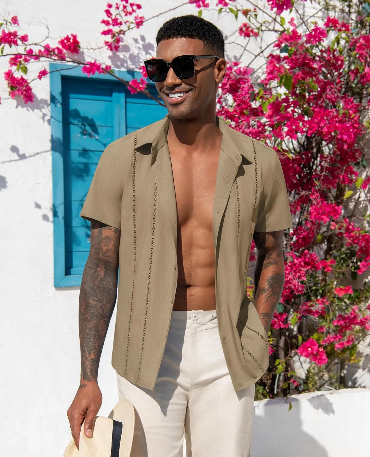 DEMEANOR Guayabera Linen Shirts for Men Short Sleeve Button Down Shirts Summer Beach Linen Shirts Casual Hawaii Vacation