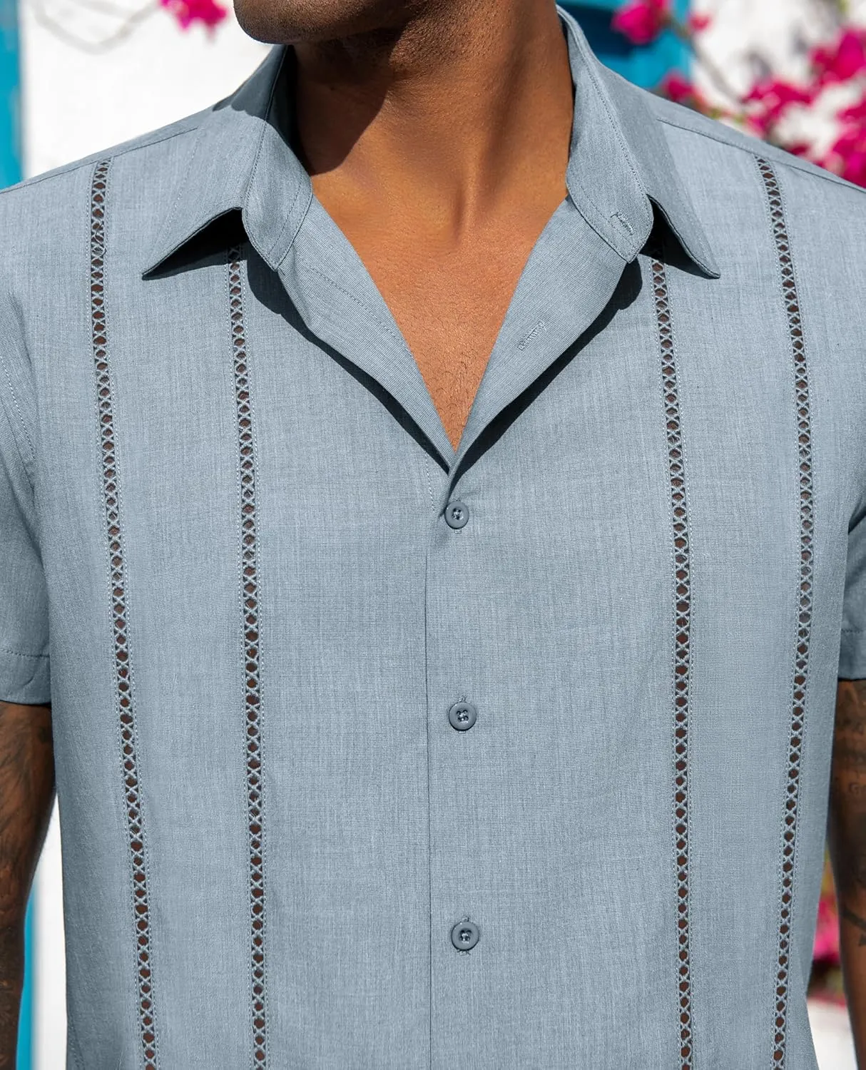 DEMEANOR Guayabera Linen Shirts for Men Short Sleeve Button Down Shirts Summer Beach Linen Shirts Casual Hawaii Vacation