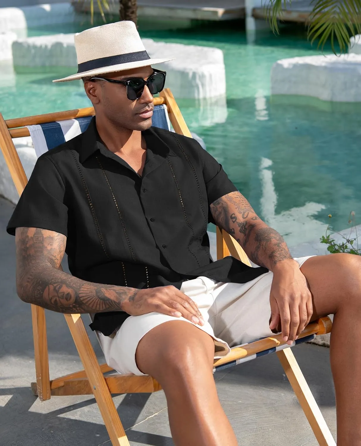 DEMEANOR Guayabera Linen Shirts for Men Short Sleeve Button Down Shirts Summer Beach Linen Shirts Casual Hawaii Vacation