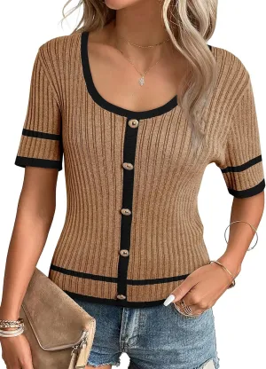 Dokotoo Womens 2024 Summer Short Sleeve Tops Casual Scoop Neck Color Block Button Down Knitted Shirts Blouses