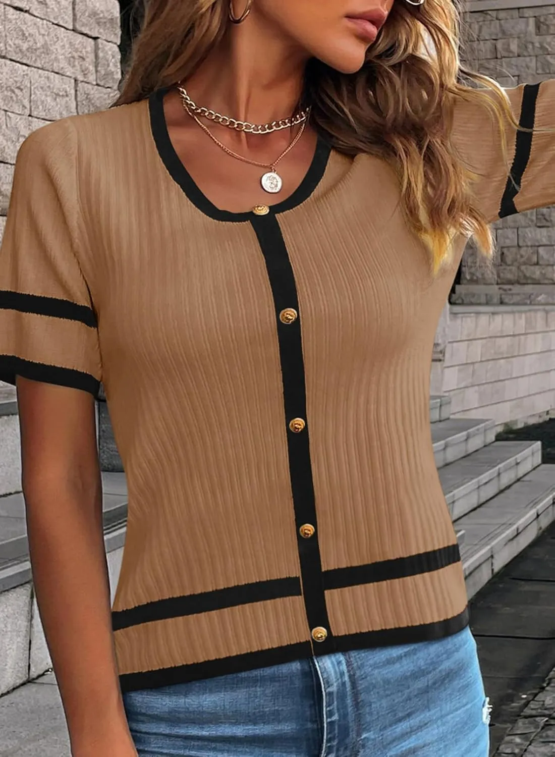 Dokotoo Womens 2024 Summer Short Sleeve Tops Casual Scoop Neck Color Block Button Down Knitted Shirts Blouses