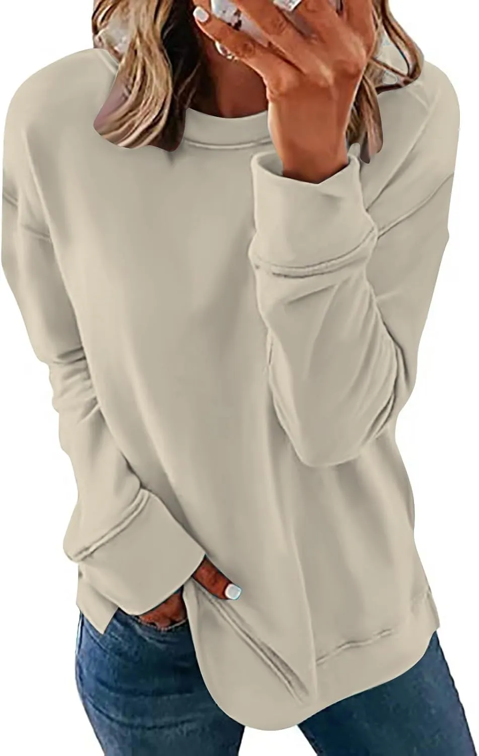 DOLKFU Womens Crewneck Loose Fit Sweatshirt Trendy Solid Color Pullover Tops Long Sleeve Casual Sweatshirts