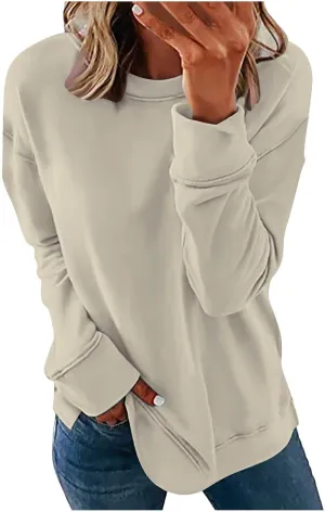 DOLKFU Womens Crewneck Loose Fit Sweatshirt Trendy Solid Color Pullover Tops Long Sleeve Casual Sweatshirts