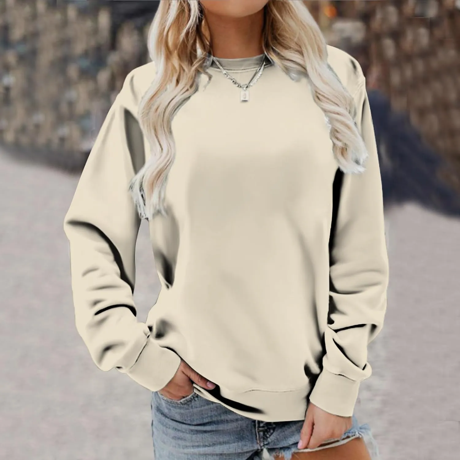 DOLKFU Womens Crewneck Loose Fit Sweatshirt Trendy Solid Color Pullover Tops Long Sleeve Casual Sweatshirts