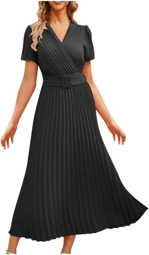 Dresses for Women Plus Size Elegant Pleated Daily Wear Dress Flowy Maxi Dress Short Sleeve Loose Casual Dresses