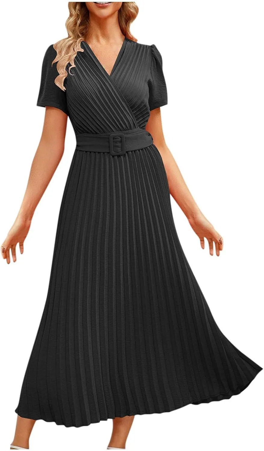Dresses for Women Plus Size Elegant Pleated Daily Wear Dress Flowy Maxi Dress Short Sleeve Loose Casual Dresses