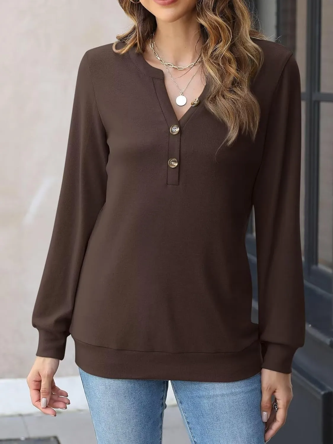 EADINVE Womens V Neck Long Sleeve Sweatshirts Half Button Lightweight Pullover Fashion Fall Clothes
