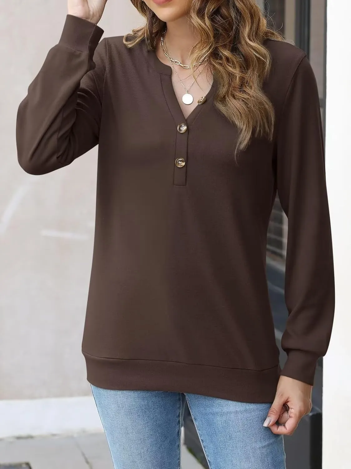 EADINVE Womens V Neck Long Sleeve Sweatshirts Half Button Lightweight Pullover Fashion Fall Clothes