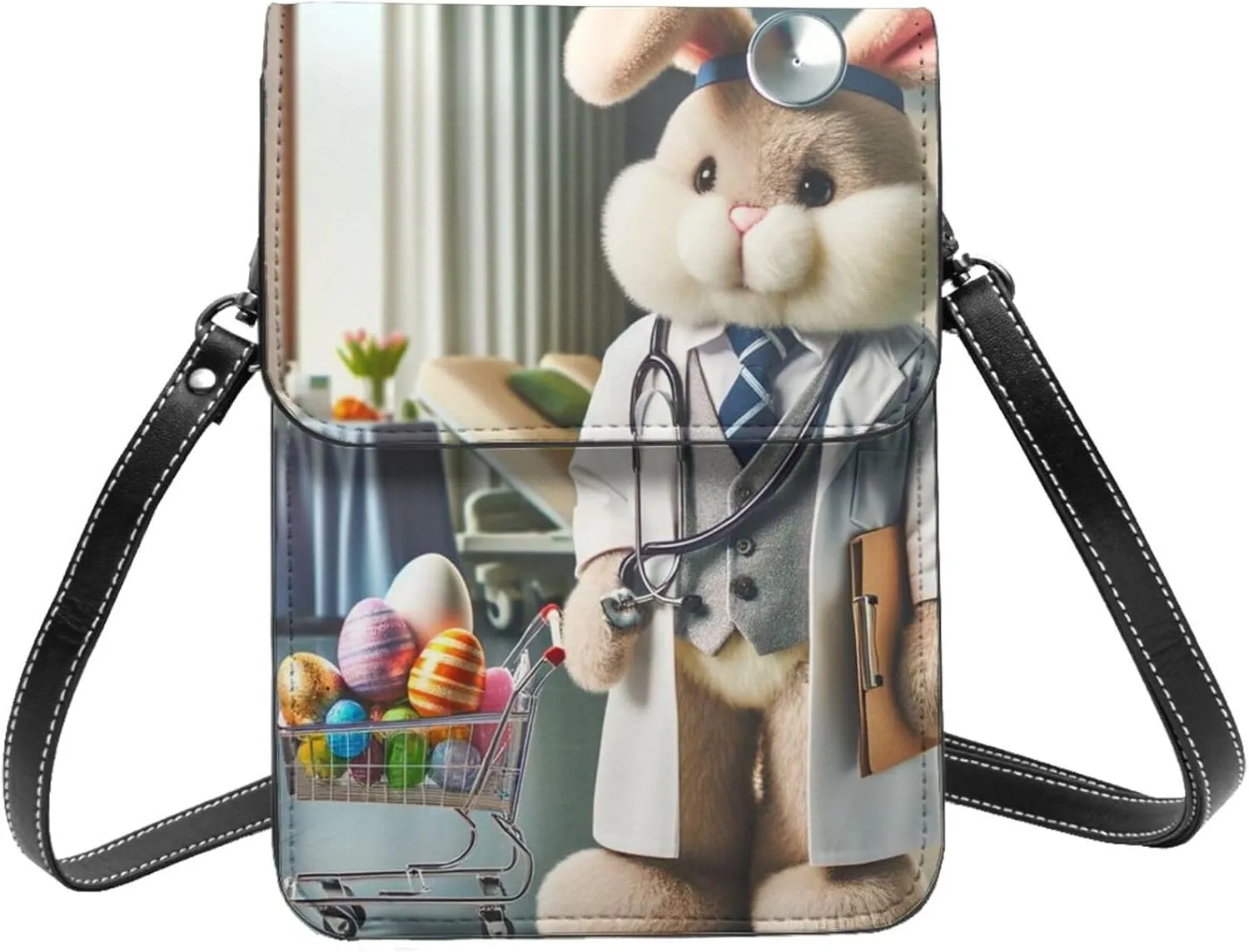 Easter-Rabbit-Doctor-Eggs Microfiber Pu Leather Crossbody Phone Bag, Portable Shoulder Phone Wallet