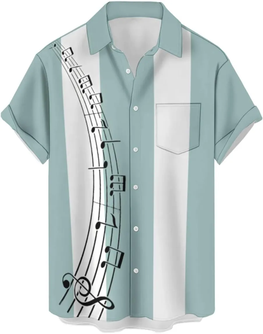 Ecosunny Music Shirts for Men Hawaiian Bowling Printed Short Sleeve Casual Button Down Shirts