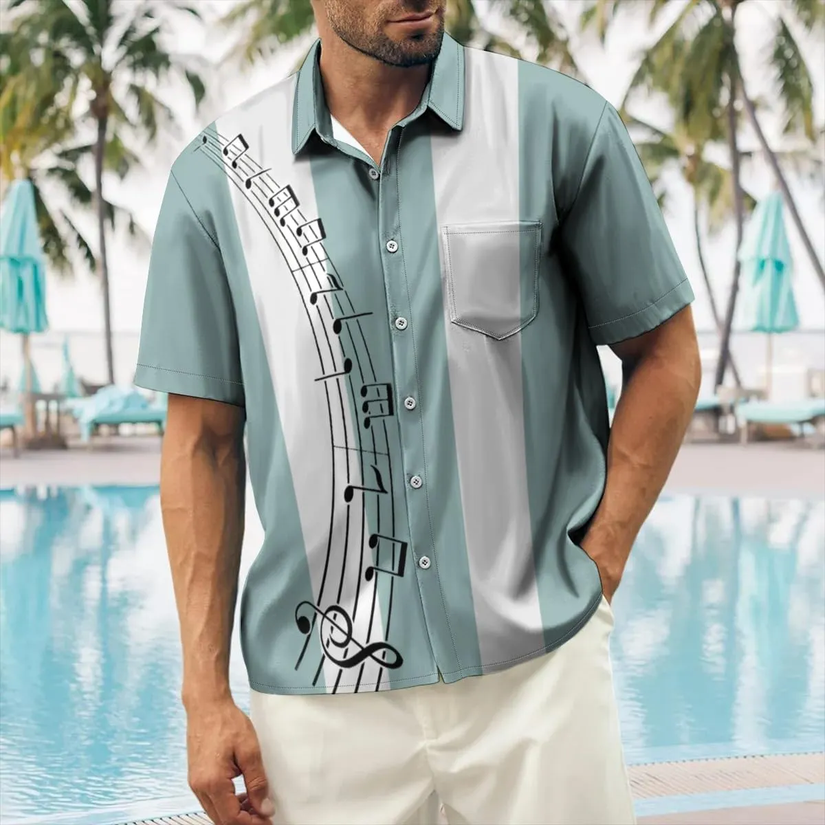 Ecosunny Music Shirts for Men Hawaiian Bowling Printed Short Sleeve Casual Button Down Shirts