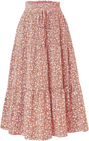 Floral Maxi Skirts for Women 2025 Summer Comfy Tiered Elastic High Waisted Skorts Vacation Flowy Swing Long Dress