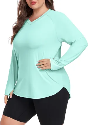 FOREYOND Women's Plus Size UPF 50  Sun Shirts Long Sleeve UV Protection Rash Guard Quick Dry Swim Tops Fishing Shirts V-Neck