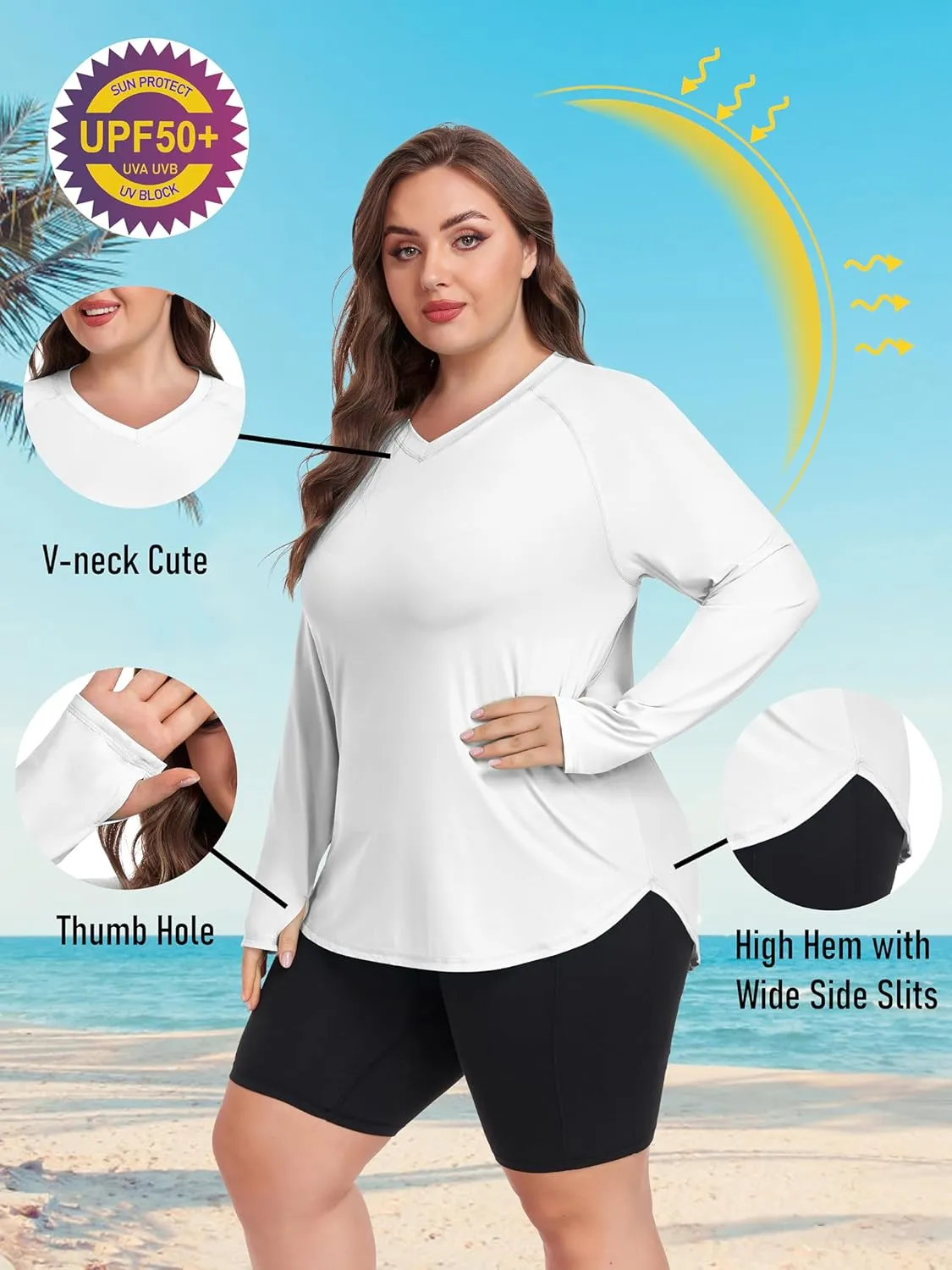 FOREYOND Women's Plus Size UPF 50  Sun Shirts Long Sleeve UV Protection Rash Guard Quick Dry Swim Tops Fishing Shirts V-Neck