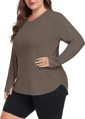 FOREYOND Women's Plus Size UPF 50  Sun Shirts Long Sleeve UV Protection Rash Guard Quick Dry Swim Tops Fishing Shirts V-Neck
