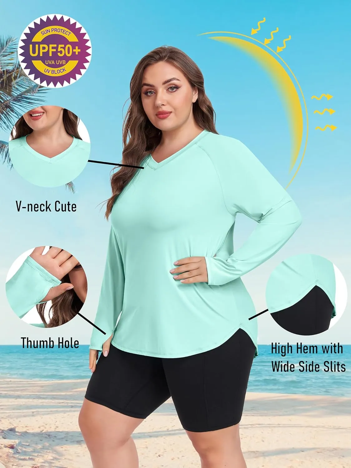 FOREYOND Women's Plus Size UPF 50  Sun Shirts Long Sleeve UV Protection Rash Guard Quick Dry Swim Tops Fishing Shirts V-Neck