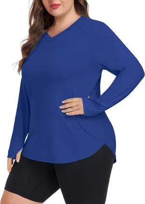 FOREYOND Women's Plus Size UPF 50  Sun Shirts Long Sleeve UV Protection Rash Guard Quick Dry Swim Tops Fishing Shirts V-Neck