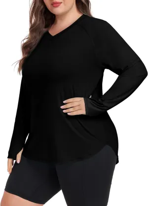 FOREYOND Women's Plus Size UPF 50  Sun Shirts Long Sleeve UV Protection Rash Guard Quick Dry Swim Tops Fishing Shirts V-Neck