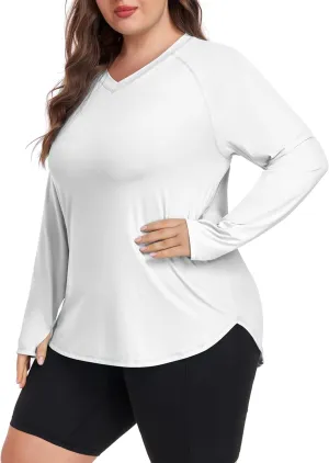 FOREYOND Women's Plus Size UPF 50  Sun Shirts Long Sleeve UV Protection Rash Guard Quick Dry Swim Tops Fishing Shirts V-Neck