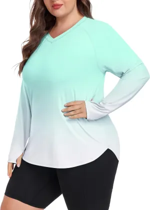FOREYOND Women's Plus Size UPF 50  Sun Shirts Long Sleeve UV Protection Rash Guard Quick Dry Swim Tops Fishing Shirts V-Neck