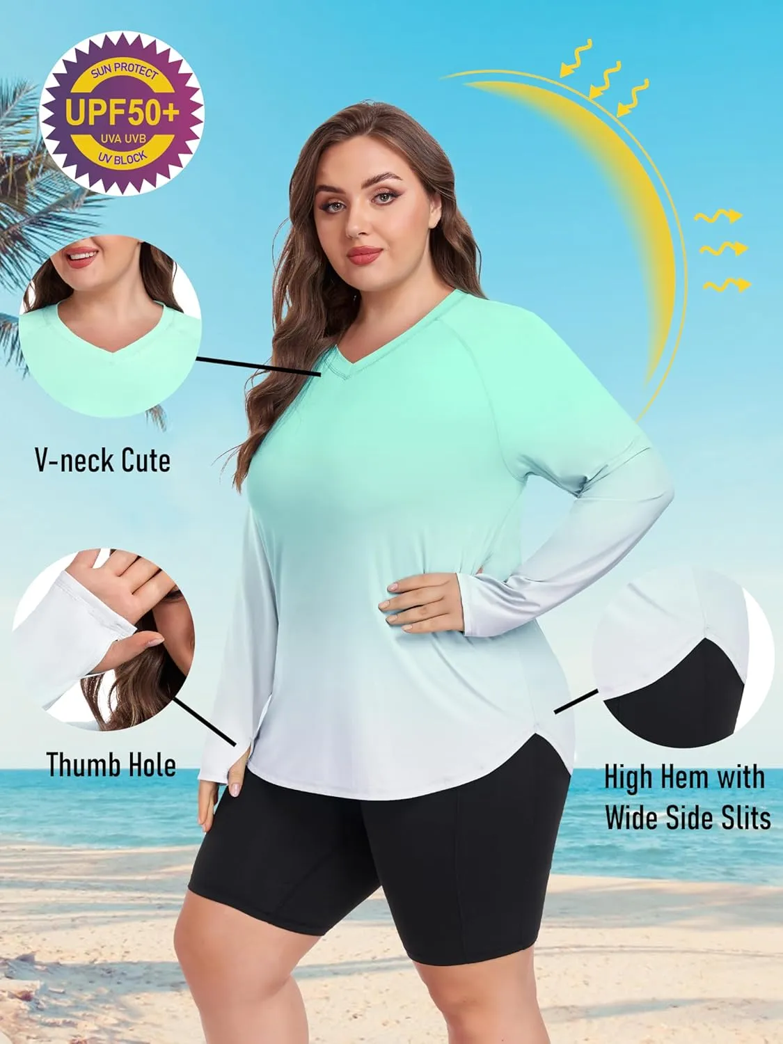 FOREYOND Women's Plus Size UPF 50  Sun Shirts Long Sleeve UV Protection Rash Guard Quick Dry Swim Tops Fishing Shirts V-Neck