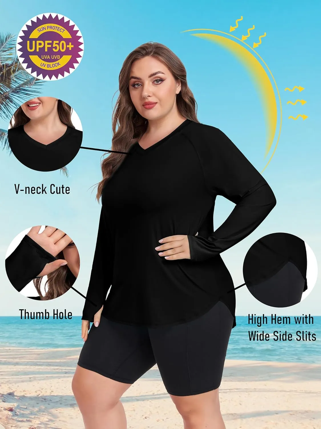FOREYOND Women's Plus Size UPF 50  Sun Shirts Long Sleeve UV Protection Rash Guard Quick Dry Swim Tops Fishing Shirts V-Neck