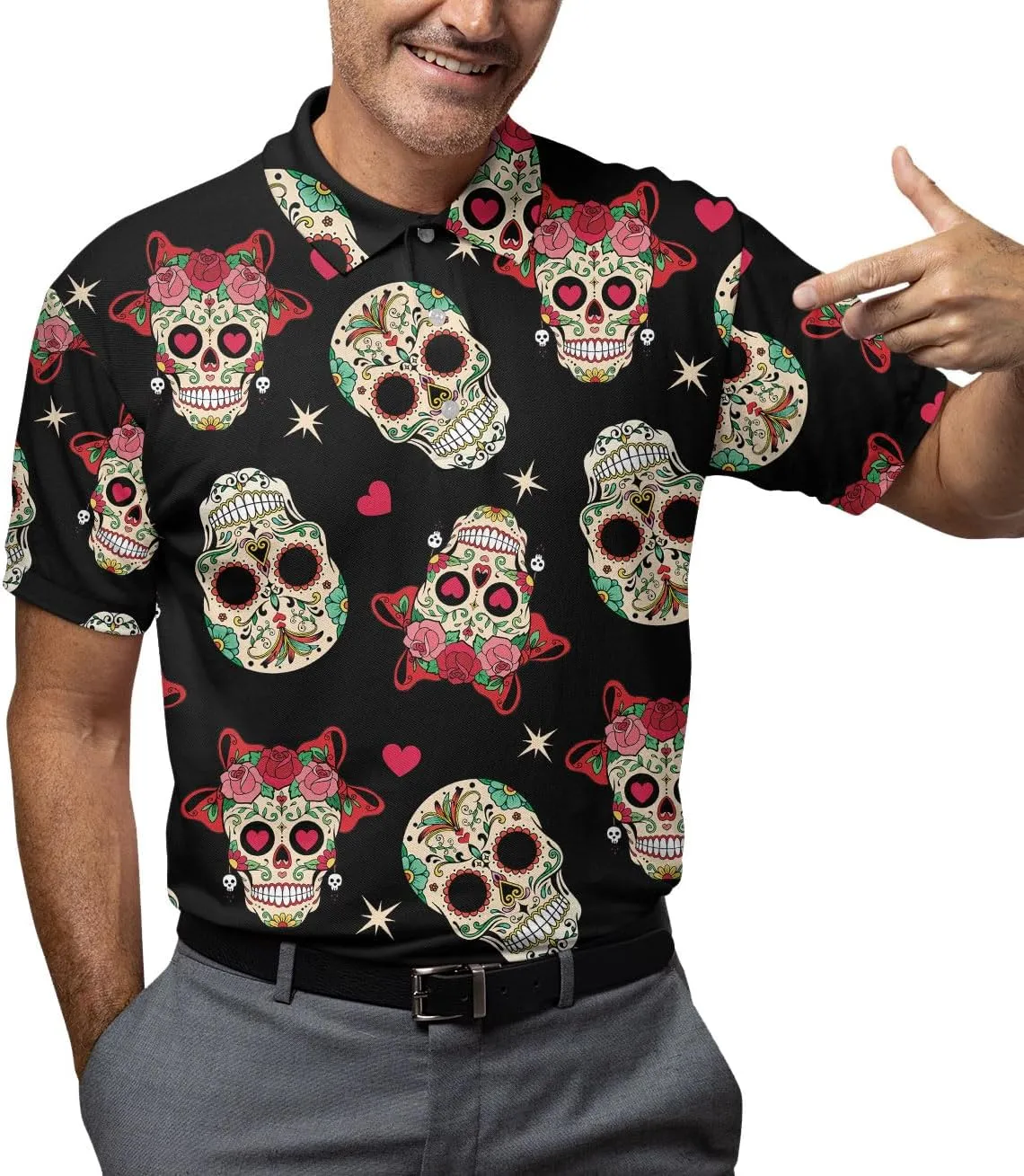 Funny Golf Shirts Skull Hawaiian Polo Shirts for Men, Crazy Golf Shirts for Men Golf Gifts Hawaiian Skull Golf Shirts