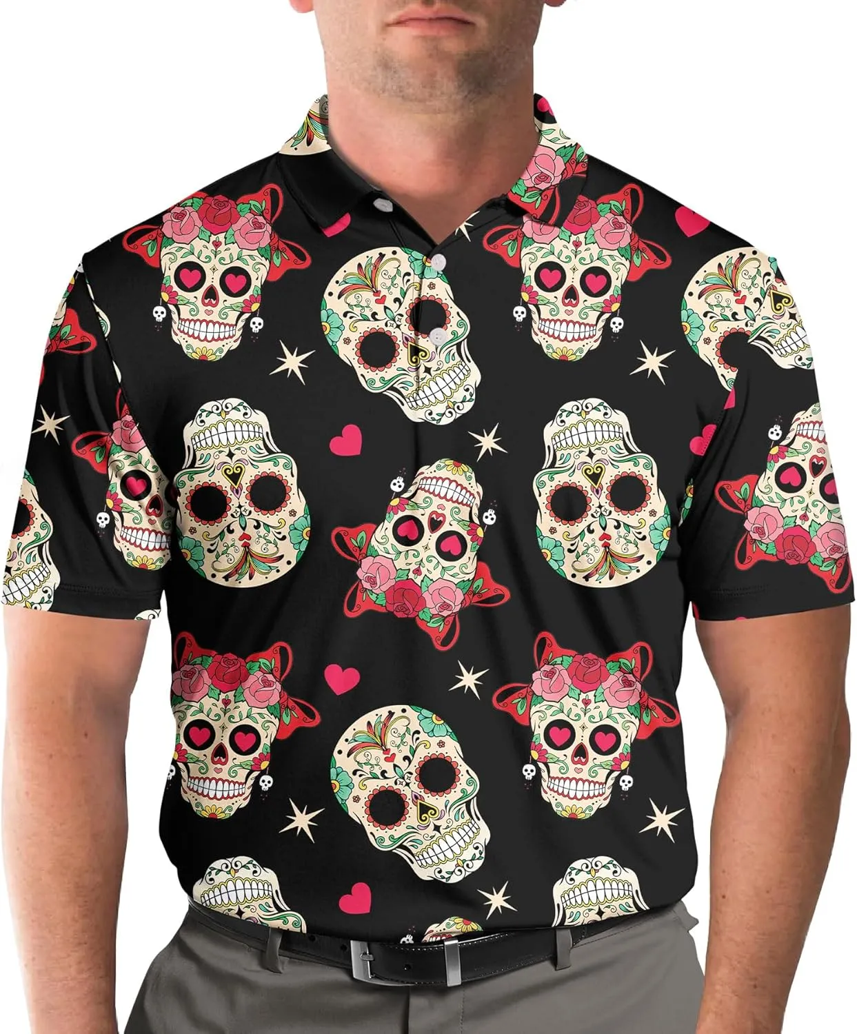 Funny Golf Shirts Skull Hawaiian Polo Shirts for Men, Crazy Golf Shirts for Men Golf Gifts Hawaiian Skull Golf Shirts