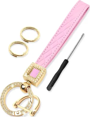GABOX Extended Wristlet Keychain for Women Rhinestone Ring Carabiner & Horseshoe Clasp for Car Keys Rings Leather Wrist Strap