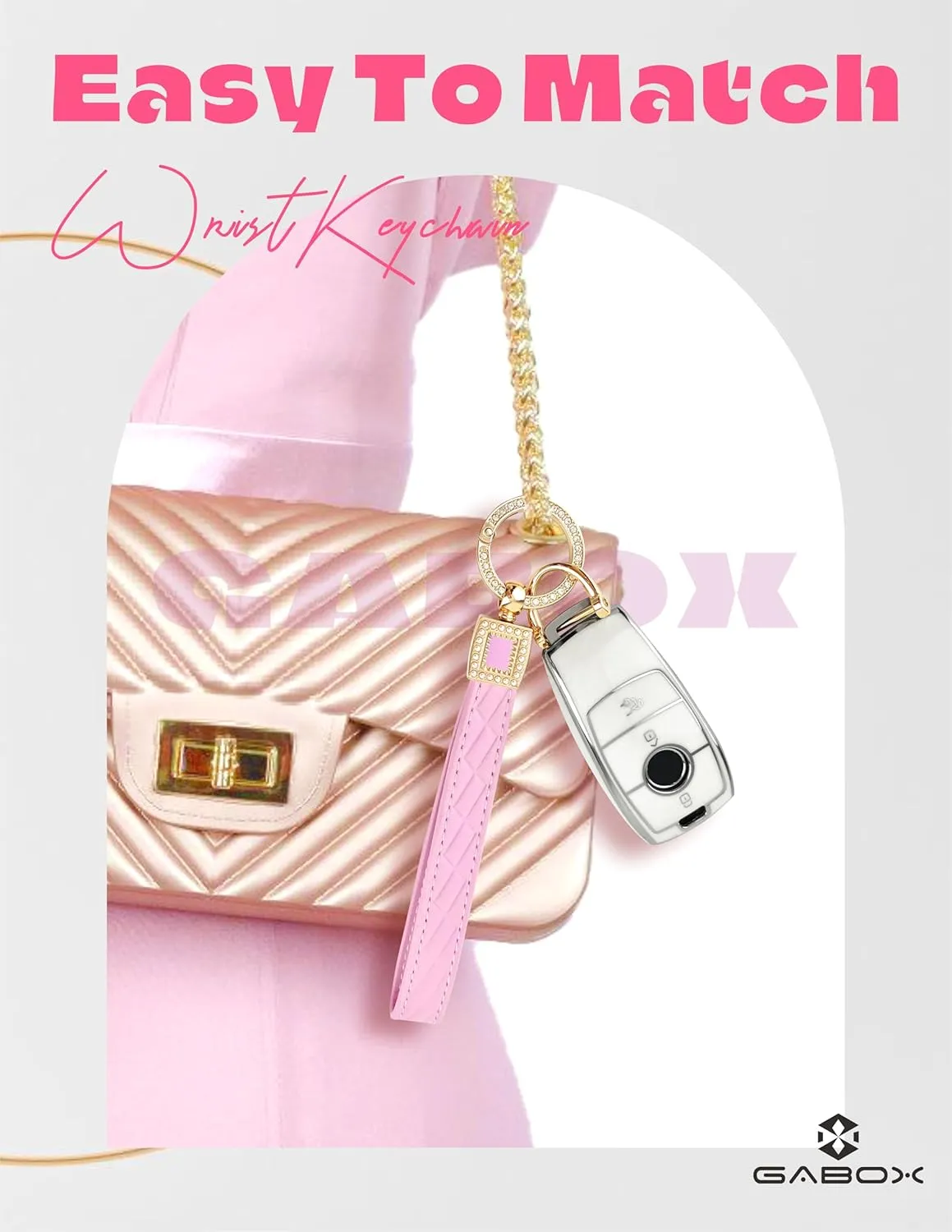 GABOX Extended Wristlet Keychain for Women Rhinestone Ring Carabiner & Horseshoe Clasp for Car Keys Rings Leather Wrist Strap