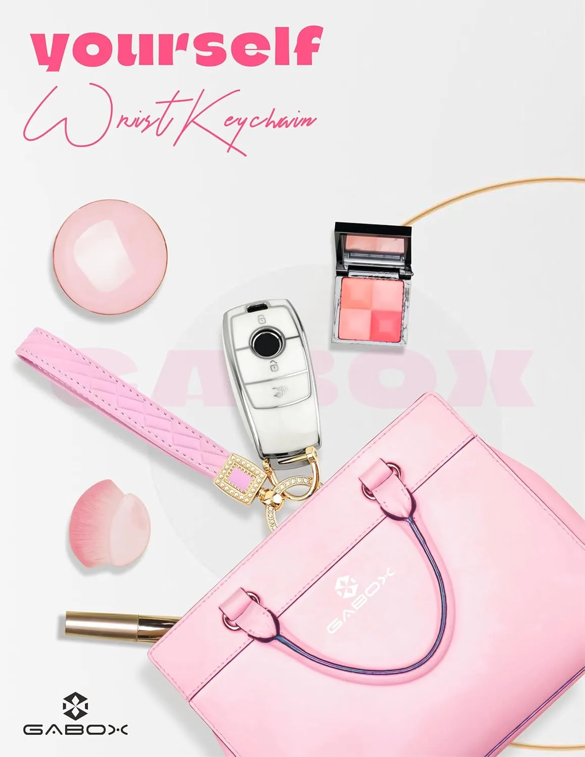 GABOX Extended Wristlet Keychain for Women Rhinestone Ring Carabiner & Horseshoe Clasp for Car Keys Rings Leather Wrist Strap