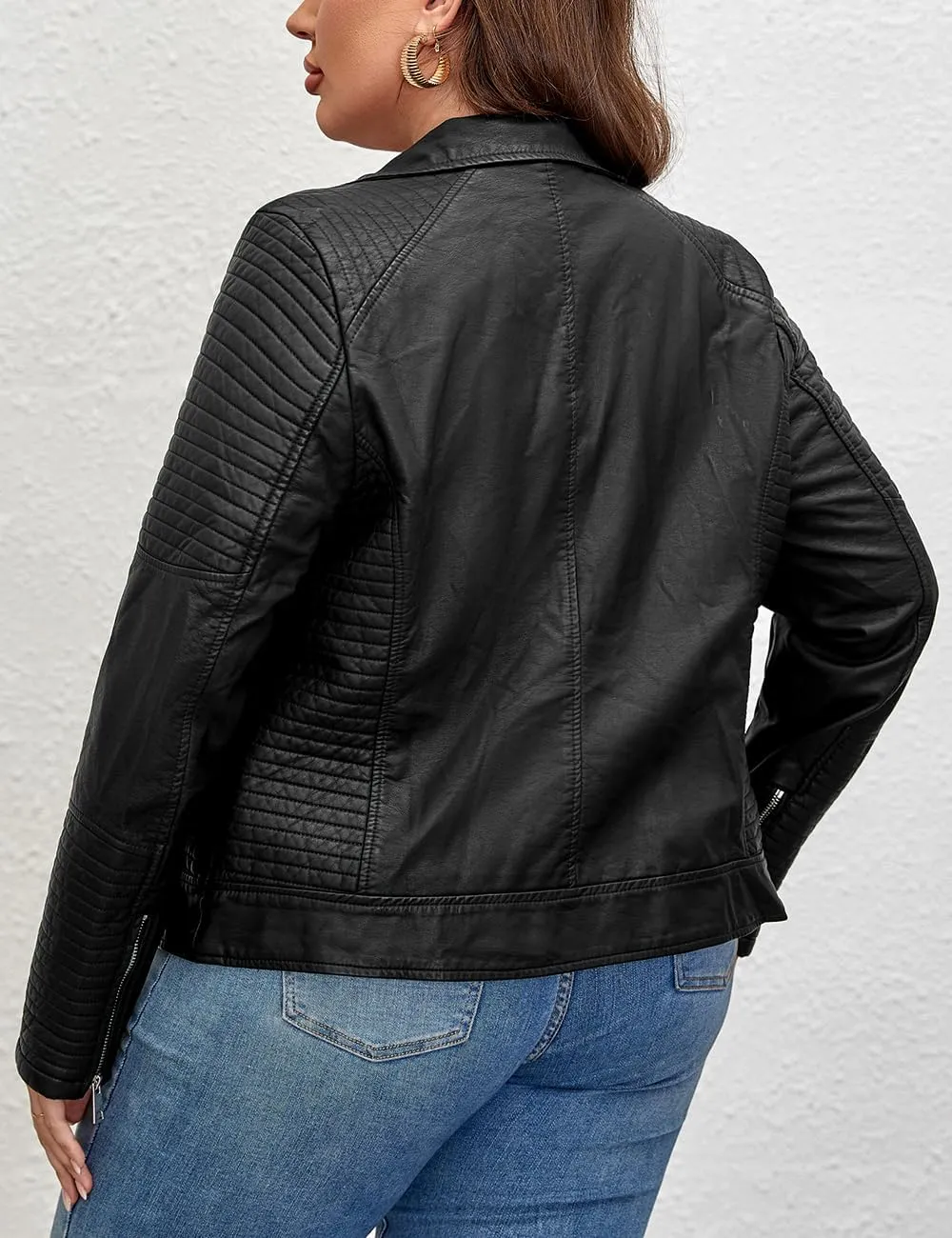 Geschallino Women's Faux Leather Jacket Plus Size Motorcycle Biker Clothes Outfits Short Fashion PU Coat (1X-5X)