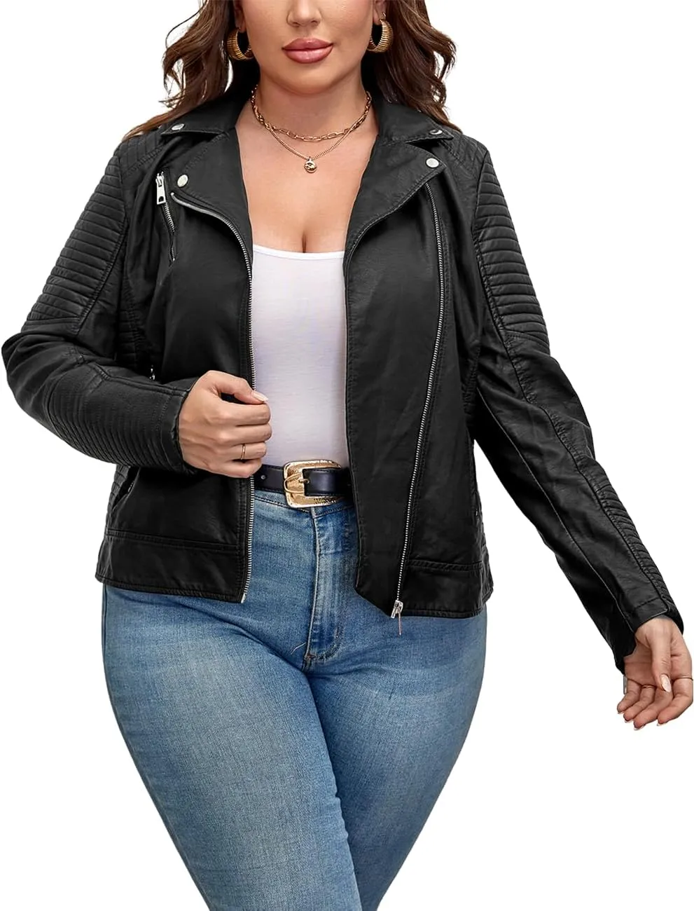 Geschallino Women's Faux Leather Jacket Plus Size Motorcycle Biker Clothes Outfits Short Fashion PU Coat (1X-5X)
