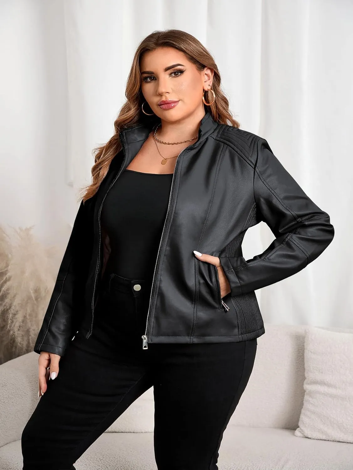 Geschallino Women's Faux Leather Jacket Plus Size Motorcycle Biker Clothes Outfits Short Fashion PU Coat (1X-5X)