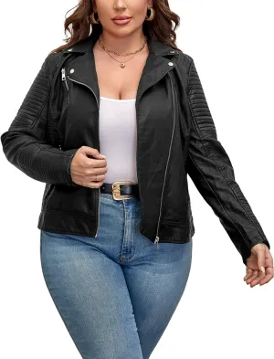Geschallino Women's Faux Leather Jacket Plus Size Motorcycle Biker Clothes Outfits Short Fashion PU Coat (1X-5X)