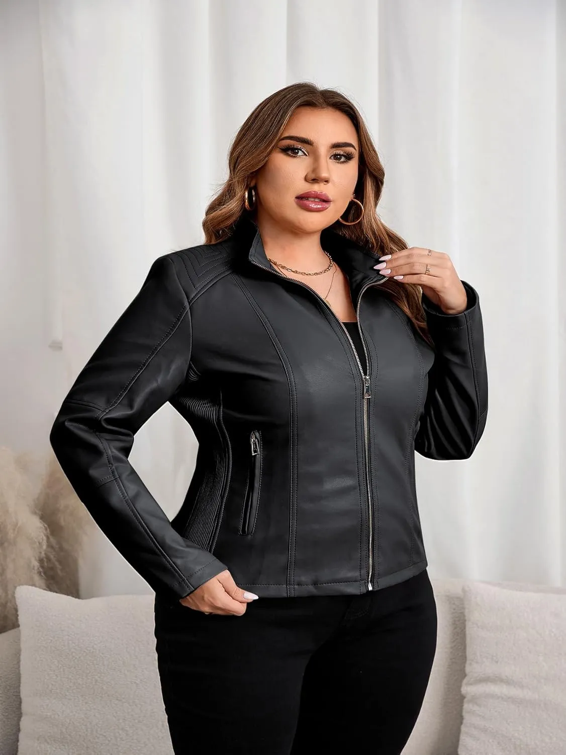 Geschallino Women's Faux Leather Jacket Plus Size Motorcycle Biker Clothes Outfits Short Fashion PU Coat (1X-5X)