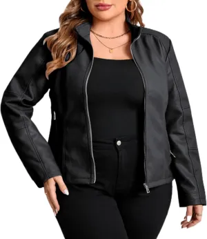 Geschallino Women's Faux Leather Jacket Plus Size Motorcycle Biker Clothes Outfits Short Fashion PU Coat (1X-5X)