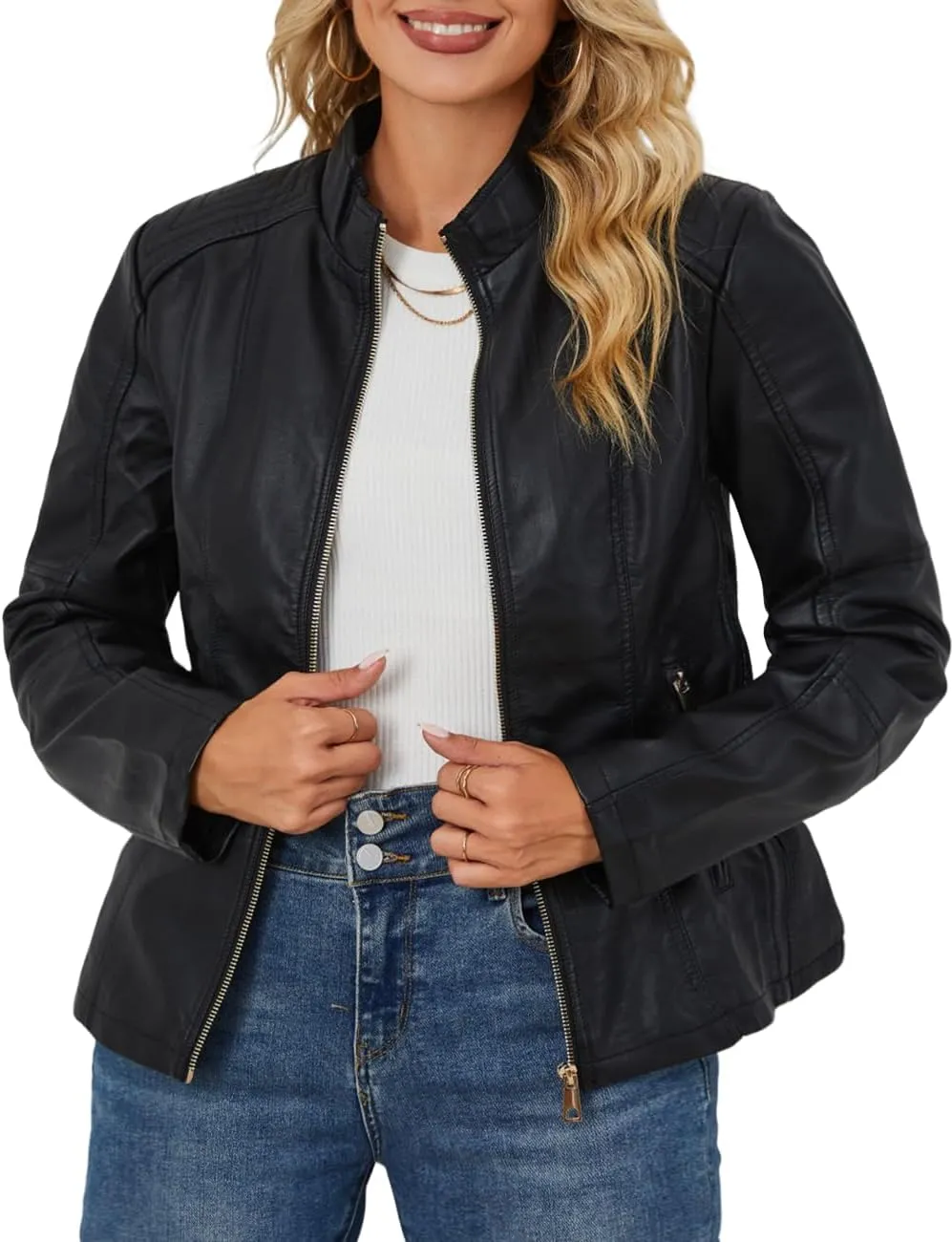 Geschallino Women's Faux Leather Jacket Plus Size Motorcycle Biker Clothes Outfits Short Fashion PU Coat (1X-5X)