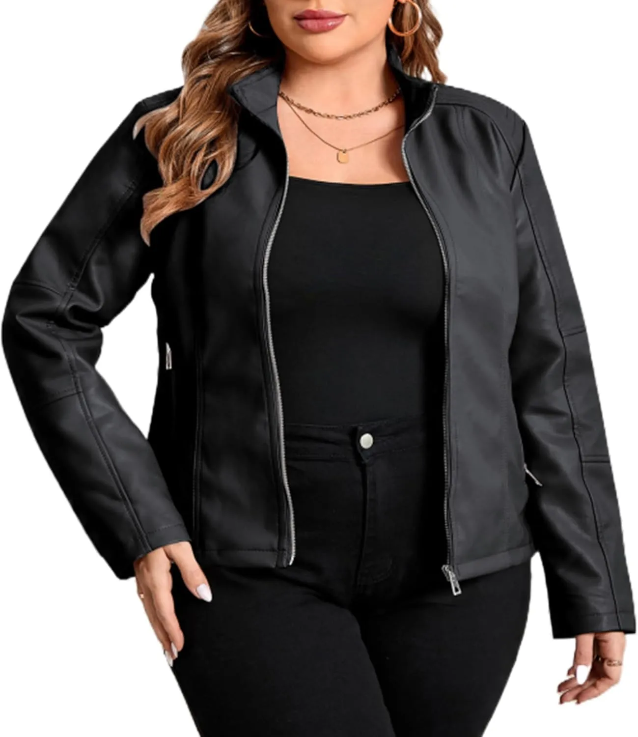 Geschallino Women's Faux Leather Jacket Plus Size Motorcycle Biker Clothes Outfits Short Fashion PU Coat (1X-5X)