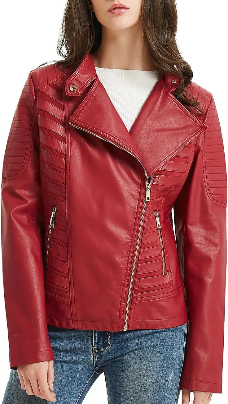 Geschallino Women's Faux Leather Jacket Spring Fall Clothes Trendy Motorcycle Biker Coat