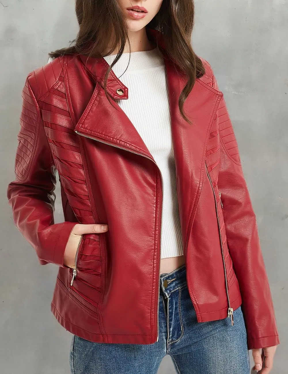 Geschallino Women's Faux Leather Jacket Spring Fall Clothes Trendy Motorcycle Biker Coat