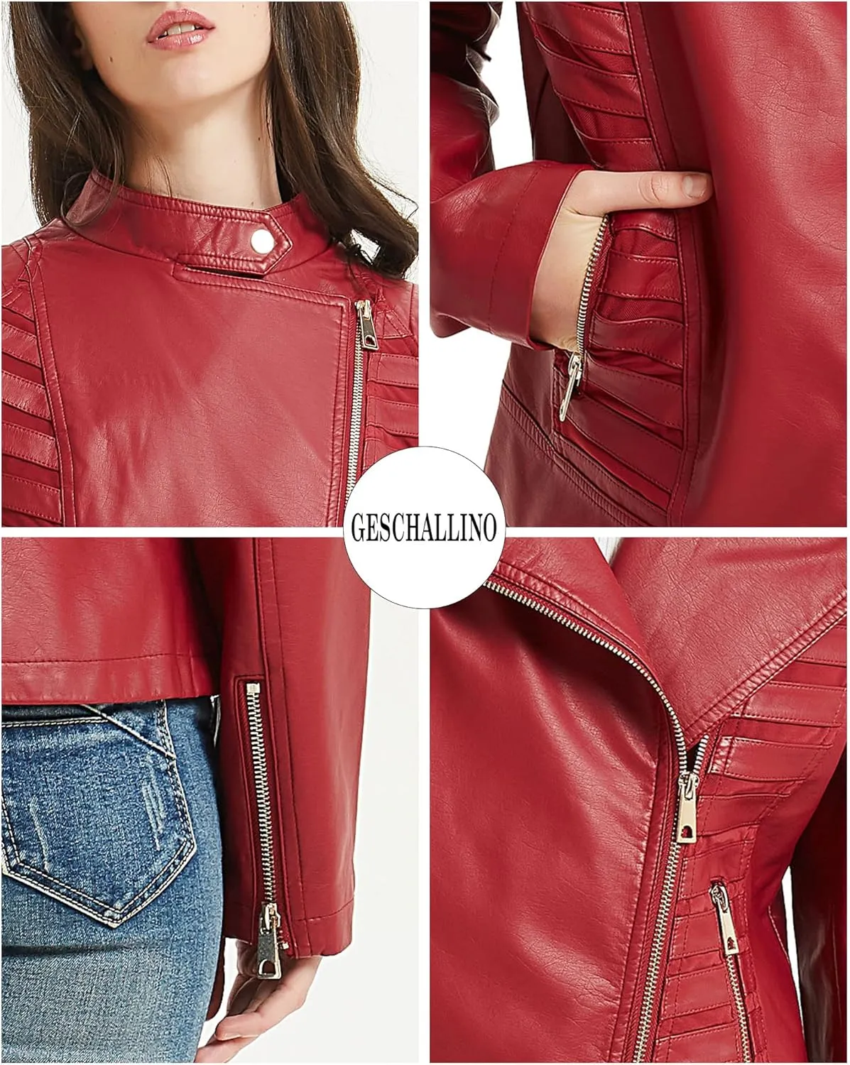 Geschallino Women's Faux Leather Jacket Spring Fall Clothes Trendy Motorcycle Biker Coat