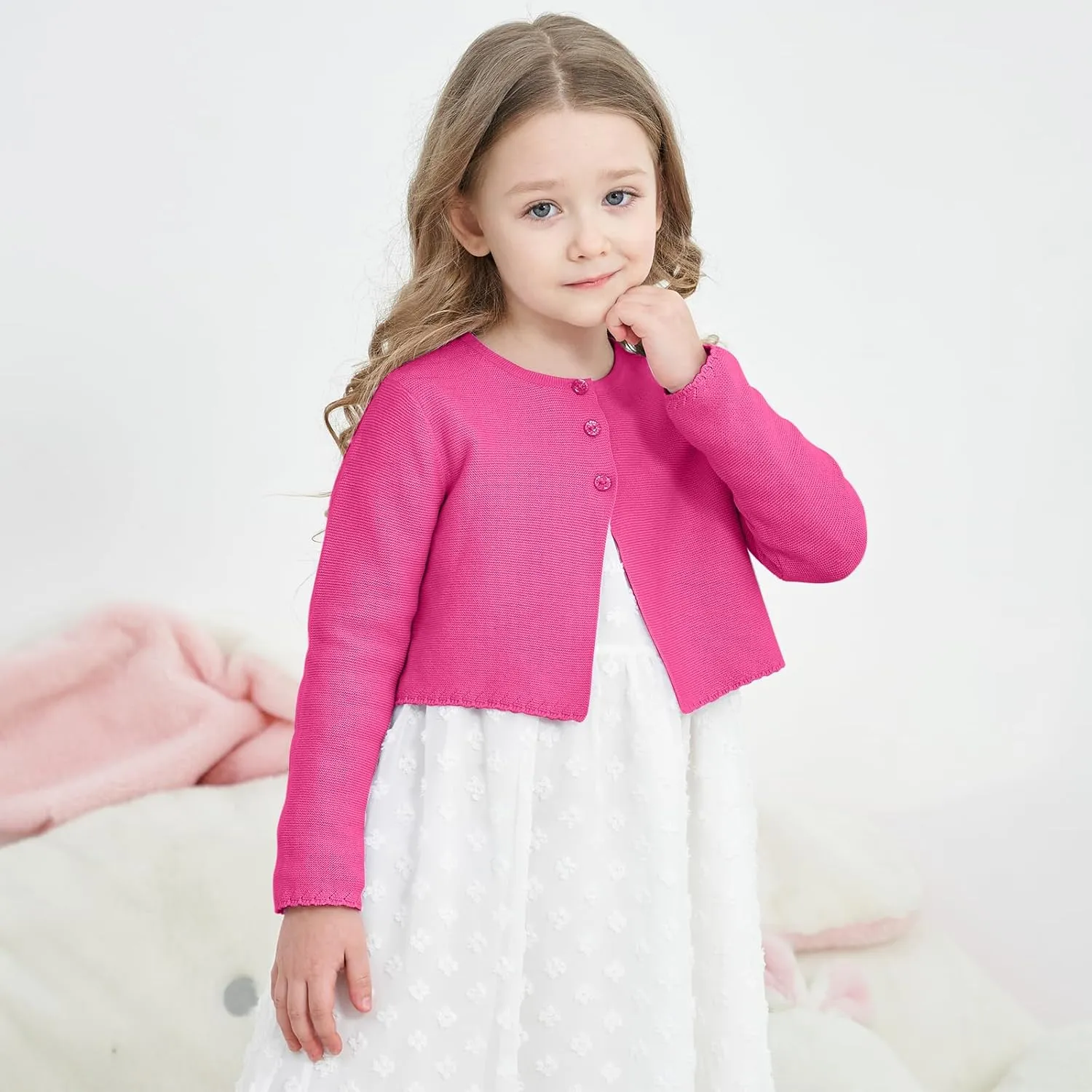 Girls' Long Sleeve Knitted Bolero Cardigan Kids Button Closure Shrug Sweaters Cropped Jacket Cover Up Tops